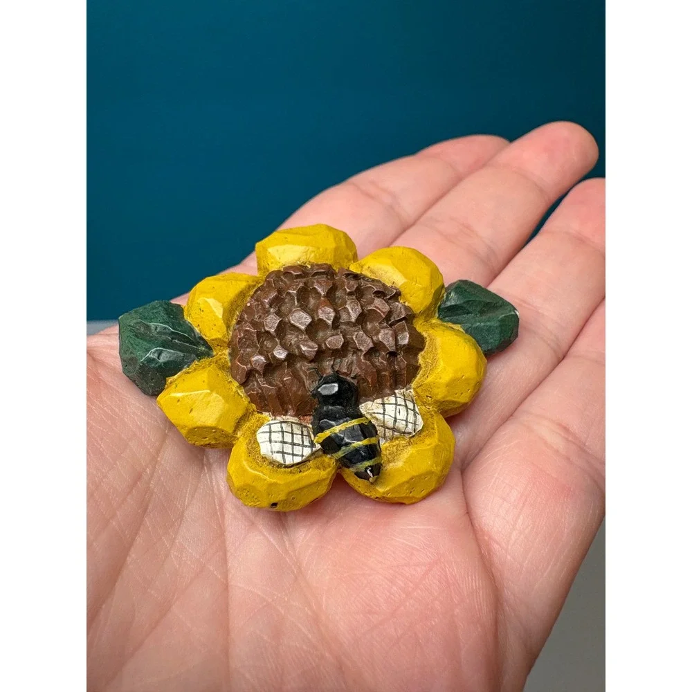 Signed Eddie Hand Carved Wooden Sunflower Bumblebee Brooch Yellow Folk Art Pin